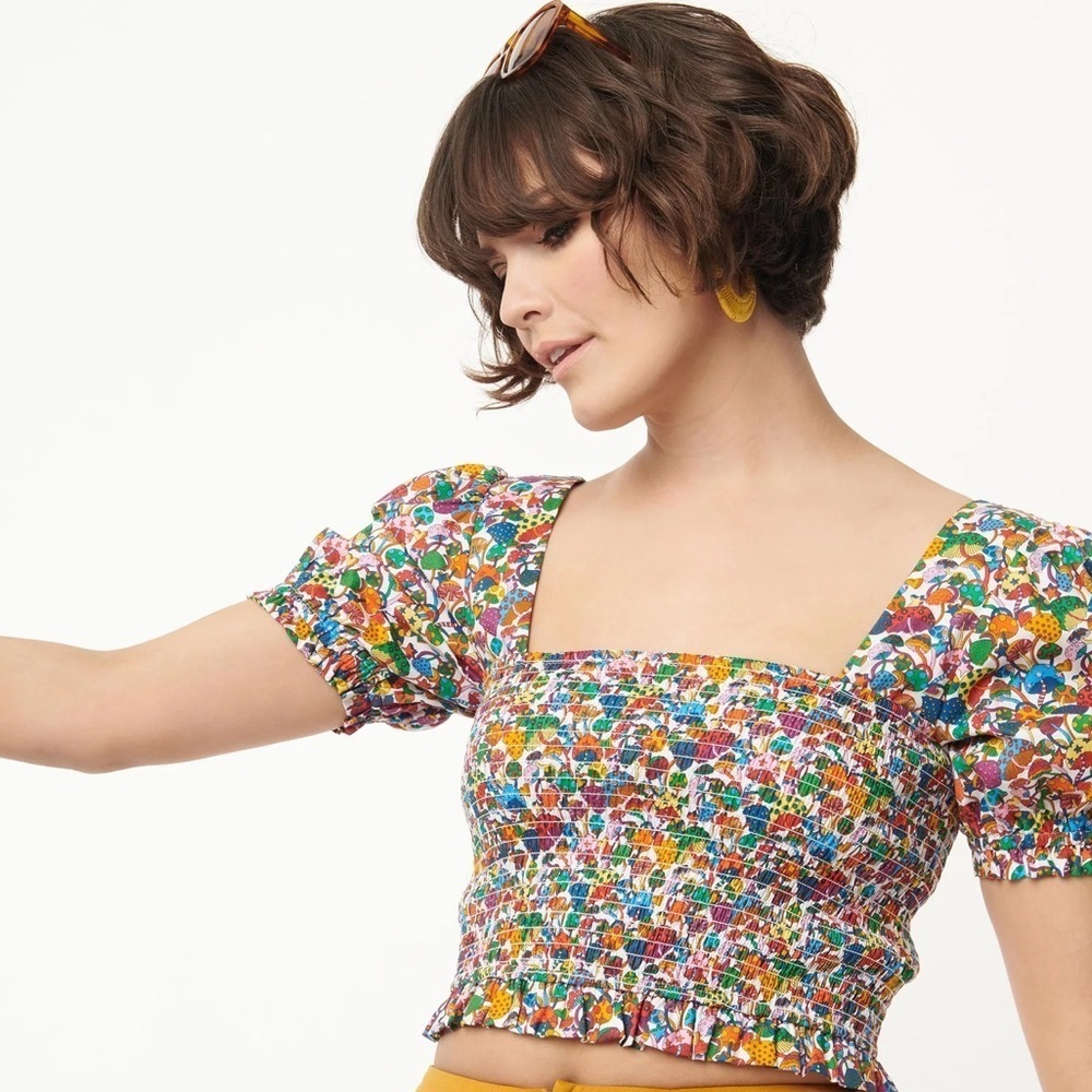 Smak Parlour Rainbow Mushroom Print Crop Top, Multi, Size XS/2, NWT